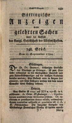 Göttingische Anzeigen von gelehrten Sachen (Göttingische Zeitungen von gelehrten Sachen) Montag 15. September 1794