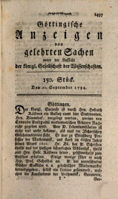 Göttingische Anzeigen von gelehrten Sachen (Göttingische Zeitungen von gelehrten Sachen) Samstag 20. September 1794