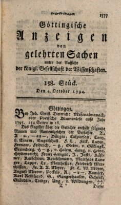 Göttingische Anzeigen von gelehrten Sachen (Göttingische Zeitungen von gelehrten Sachen) Samstag 4. Oktober 1794