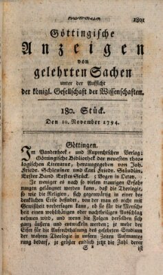 Göttingische Anzeigen von gelehrten Sachen (Göttingische Zeitungen von gelehrten Sachen) Montag 10. November 1794