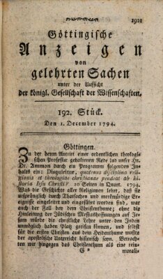 Göttingische Anzeigen von gelehrten Sachen (Göttingische Zeitungen von gelehrten Sachen) Montag 1. Dezember 1794