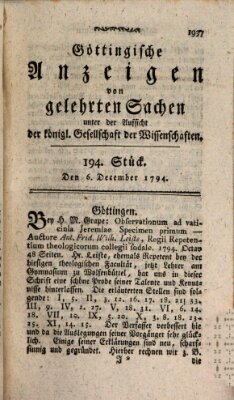 Göttingische Anzeigen von gelehrten Sachen (Göttingische Zeitungen von gelehrten Sachen) Samstag 6. Dezember 1794