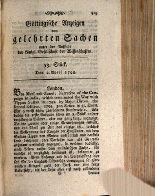 Göttingische Anzeigen von gelehrten Sachen (Göttingische Zeitungen von gelehrten Sachen) Donnerstag 2. April 1795