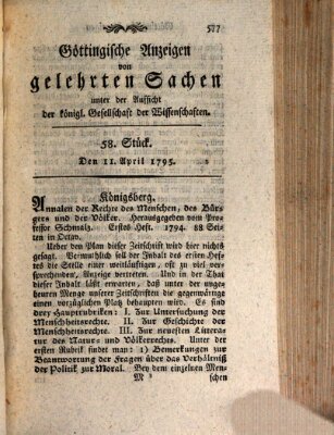 Göttingische Anzeigen von gelehrten Sachen (Göttingische Zeitungen von gelehrten Sachen) Samstag 11. April 1795