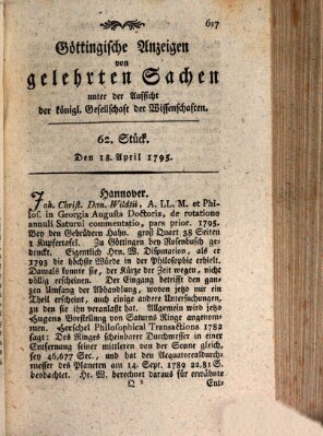 Göttingische Anzeigen von gelehrten Sachen (Göttingische Zeitungen von gelehrten Sachen) Samstag 18. April 1795