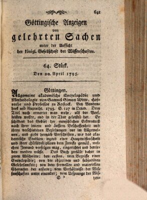 Göttingische Anzeigen von gelehrten Sachen (Göttingische Zeitungen von gelehrten Sachen) Montag 20. April 1795