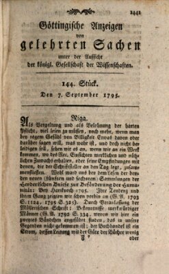 Göttingische Anzeigen von gelehrten Sachen (Göttingische Zeitungen von gelehrten Sachen) Montag 7. September 1795