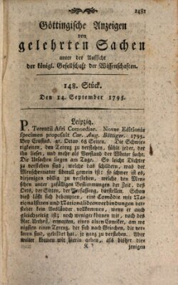 Göttingische Anzeigen von gelehrten Sachen (Göttingische Zeitungen von gelehrten Sachen) Montag 14. September 1795