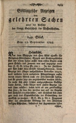 Göttingische Anzeigen von gelehrten Sachen (Göttingische Zeitungen von gelehrten Sachen) Donnerstag 17. September 1795