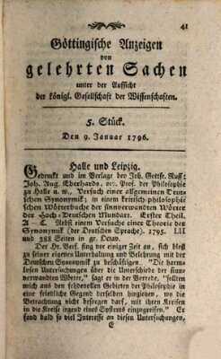 Göttingische Anzeigen von gelehrten Sachen (Göttingische Zeitungen von gelehrten Sachen) Samstag 9. Januar 1796