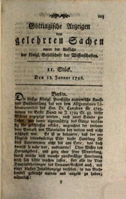 Göttingische Anzeigen von gelehrten Sachen (Göttingische Zeitungen von gelehrten Sachen) Montag 18. Januar 1796