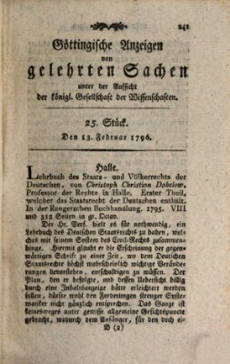 Göttingische Anzeigen von gelehrten Sachen (Göttingische Zeitungen von gelehrten Sachen) Samstag 13. Februar 1796