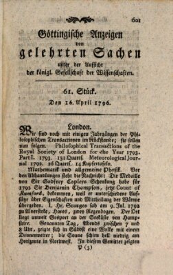 Göttingische Anzeigen von gelehrten Sachen (Göttingische Zeitungen von gelehrten Sachen) Samstag 16. April 1796