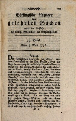 Göttingische Anzeigen von gelehrten Sachen (Göttingische Zeitungen von gelehrten Sachen) Samstag 7. Mai 1796