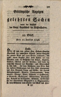 Göttingische Anzeigen von gelehrten Sachen (Göttingische Zeitungen von gelehrten Sachen) Samstag 11. Juni 1796