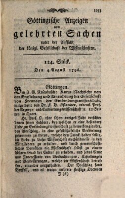 Göttingische Anzeigen von gelehrten Sachen (Göttingische Zeitungen von gelehrten Sachen) Donnerstag 4. August 1796