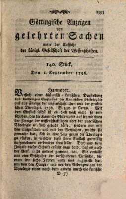 Göttingische Anzeigen von gelehrten Sachen (Göttingische Zeitungen von gelehrten Sachen) Donnerstag 1. September 1796