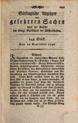 Göttingische Anzeigen von gelehrten Sachen (Göttingische Zeitungen von gelehrten Sachen) Samstag 10. September 1796