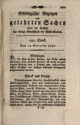 Göttingische Anzeigen von gelehrten Sachen (Göttingische Zeitungen von gelehrten Sachen) Samstag 12. November 1796