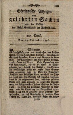 Göttingische Anzeigen von gelehrten Sachen (Göttingische Zeitungen von gelehrten Sachen) Samstag 19. November 1796