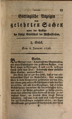 Göttingische Anzeigen von gelehrten Sachen (Göttingische Zeitungen von gelehrten Sachen) Samstag 6. Januar 1798