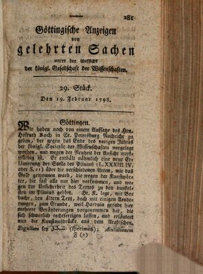 Göttingische Anzeigen von gelehrten Sachen (Göttingische Zeitungen von gelehrten Sachen) Montag 19. Februar 1798