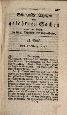 Göttingische Anzeigen von gelehrten Sachen (Göttingische Zeitungen von gelehrten Sachen) Samstag 17. März 1798