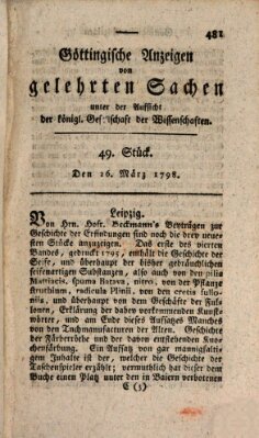 Göttingische Anzeigen von gelehrten Sachen (Göttingische Zeitungen von gelehrten Sachen) Montag 26. März 1798