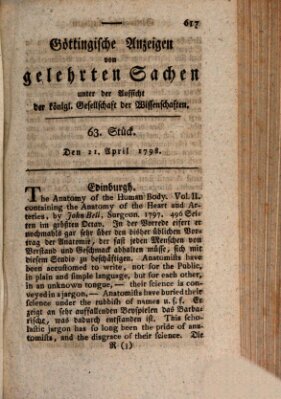 Göttingische Anzeigen von gelehrten Sachen (Göttingische Zeitungen von gelehrten Sachen) Samstag 21. April 1798