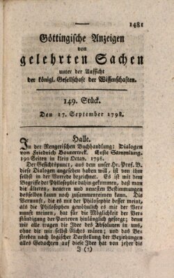 Göttingische Anzeigen von gelehrten Sachen (Göttingische Zeitungen von gelehrten Sachen) Montag 17. September 1798