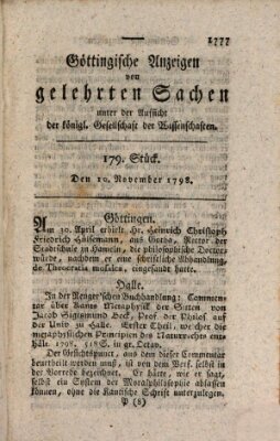 Göttingische Anzeigen von gelehrten Sachen (Göttingische Zeitungen von gelehrten Sachen) Samstag 10. November 1798