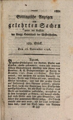 Göttingische Anzeigen von gelehrten Sachen (Göttingische Zeitungen von gelehrten Sachen) Montag 26. November 1798