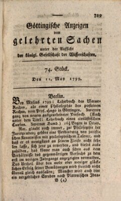 Göttingische Anzeigen von gelehrten Sachen (Göttingische Zeitungen von gelehrten Sachen) Samstag 11. Mai 1799