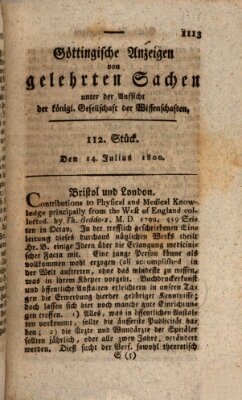 Göttingische Anzeigen von gelehrten Sachen (Göttingische Zeitungen von gelehrten Sachen) Montag 14. Juli 1800