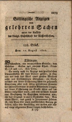 Göttingische Anzeigen von gelehrten Sachen (Göttingische Zeitungen von gelehrten Sachen) Montag 11. August 1800