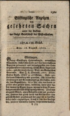 Göttingische Anzeigen von gelehrten Sachen (Göttingische Zeitungen von gelehrten Sachen) Donnerstag 28. August 1800