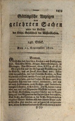 Göttingische Anzeigen von gelehrten Sachen (Göttingische Zeitungen von gelehrten Sachen) Montag 15. September 1800