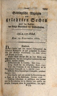 Göttingische Anzeigen von gelehrten Sachen (Göttingische Zeitungen von gelehrten Sachen) Montag 29. September 1800