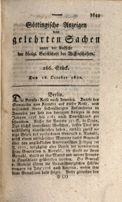 Göttingische Anzeigen von gelehrten Sachen (Göttingische Zeitungen von gelehrten Sachen) Samstag 18. Oktober 1800