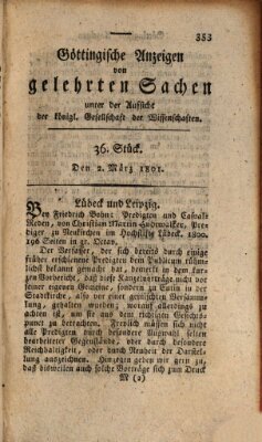 Göttingische Anzeigen von gelehrten Sachen (Göttingische Zeitungen von gelehrten Sachen) Montag 2. März 1801