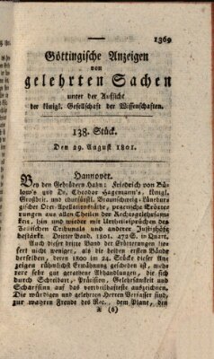 Göttingische Anzeigen von gelehrten Sachen (Göttingische Zeitungen von gelehrten Sachen) Samstag 29. August 1801