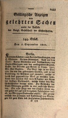 Göttingische Anzeigen von gelehrten Sachen (Göttingische Zeitungen von gelehrten Sachen) Montag 7. September 1801