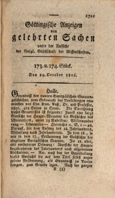 Göttingische Anzeigen von gelehrten Sachen (Göttingische Zeitungen von gelehrten Sachen) Donnerstag 29. Oktober 1801