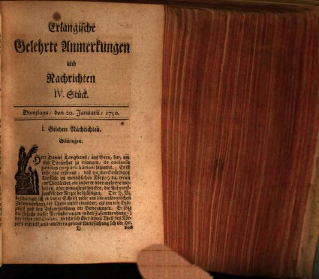 Erlangische gelehrte Anmerkungen und Nachrichten Dienstag 20. Januar 1750