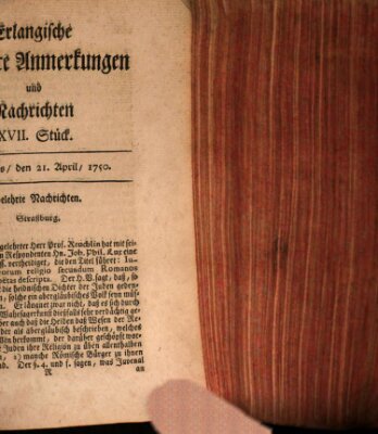 Erlangische gelehrte Anmerkungen und Nachrichten Dienstag 21. April 1750