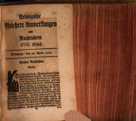 Erlangische gelehrte Anmerkungen und Nachrichten Dienstag 28. April 1750