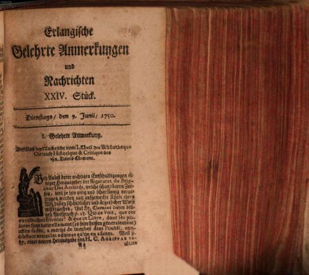 Erlangische gelehrte Anmerkungen und Nachrichten Dienstag 9. Juni 1750