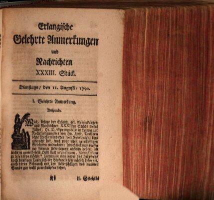 Erlangische gelehrte Anmerkungen und Nachrichten Dienstag 11. August 1750