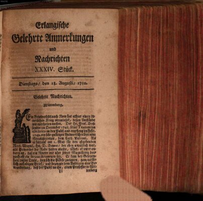 Erlangische gelehrte Anmerkungen und Nachrichten Dienstag 18. August 1750