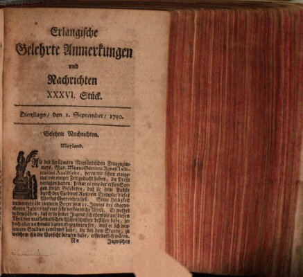 Erlangische gelehrte Anmerkungen und Nachrichten Dienstag 1. September 1750